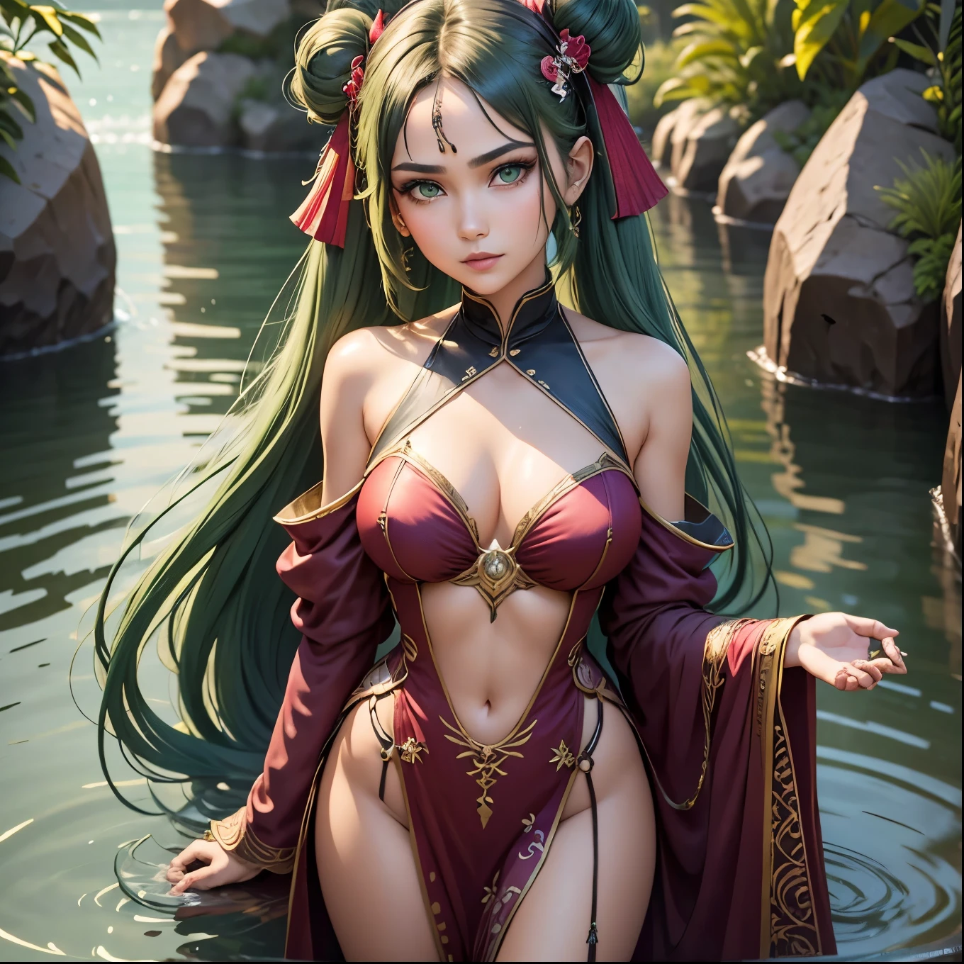 1girl, solo, hair ornament, green hair, twintails, long hair, dress, water,, mid shot portrait photo of (Faruzan) from Genshin Impact,, dark fantasy background, charming smirking., by Greg Rutkowski and Walt Disney ultra realistic highly detailed intricate photorealistic analog style photograph sharp focus on eyes, cinematic lighting,, , ,UHD, HDR, 8K 