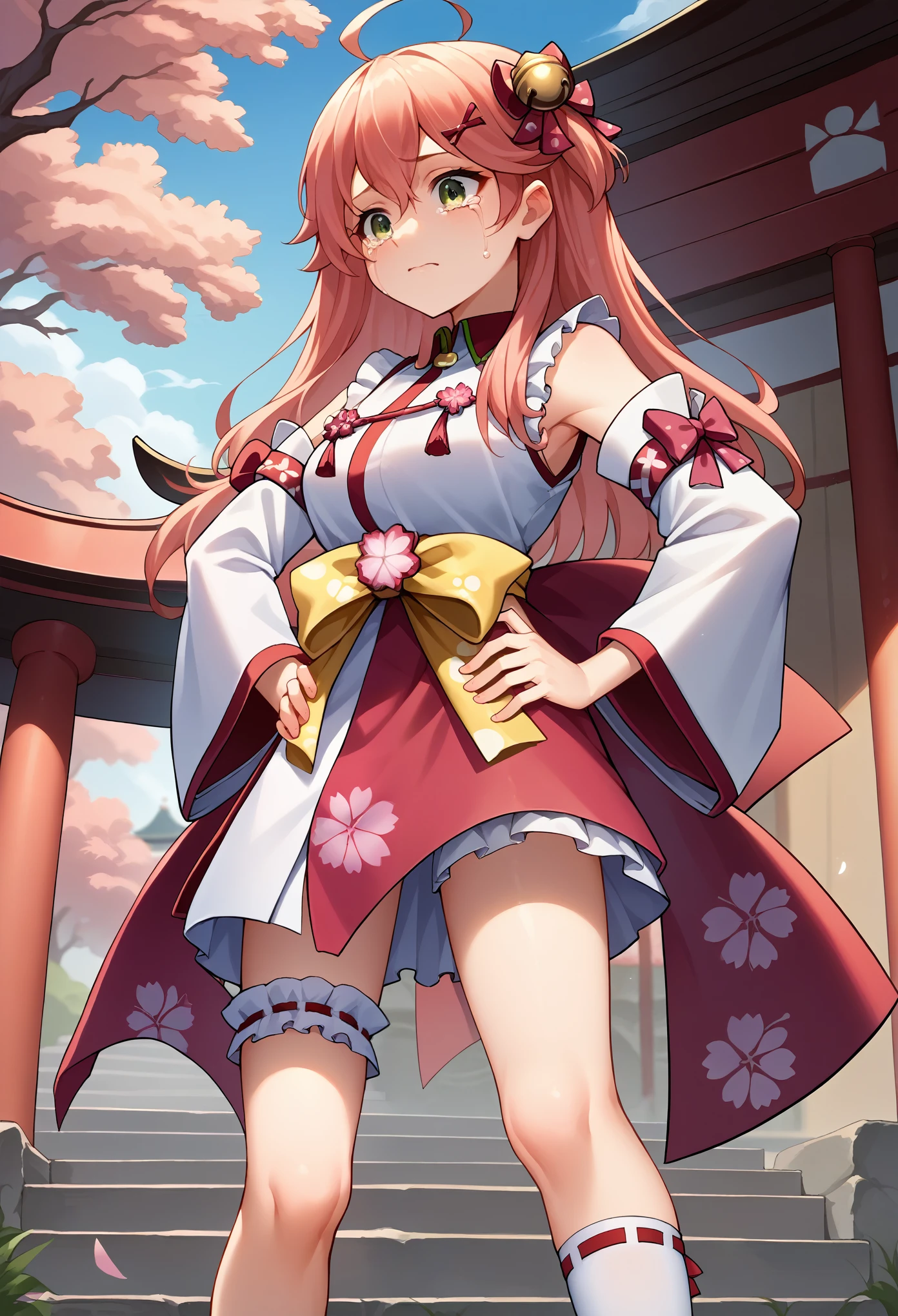 score_9, score_8_superior, sauce_anime, One girl, alone, Miko Base, Long Hair, Ahoge, one side superior, Hair Bell, Cherry blossom print, Non-traditional Shrine Maiden, Frills, Single knee socks, Bridal Garter, Hands on hips, Outdoor, shrine, cry, upper body only, tears