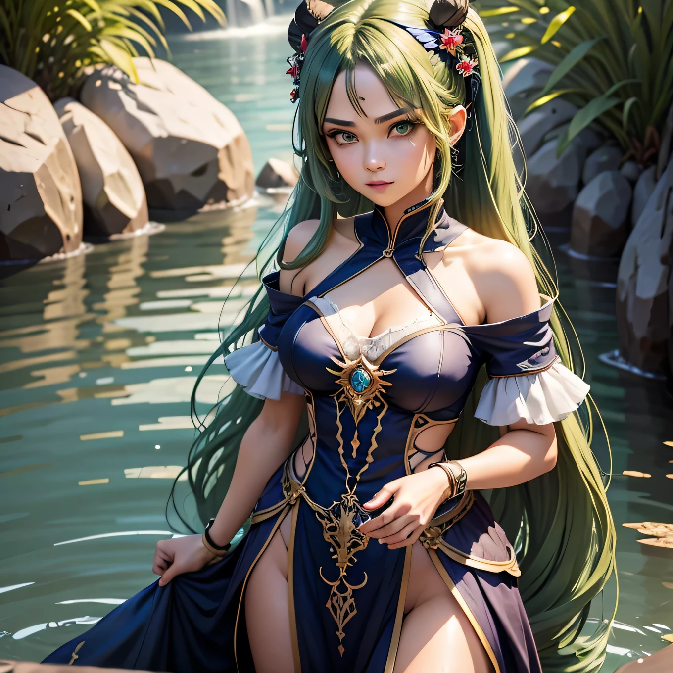 1girl, solo, hair ornament, green hair, twintails, long hair, dress, water,, mid shot portrait photo of (Faruzan) from Genshin Impact,, dark fantasy background, charming smirking., by Greg Rutkowski and Walt Disney ultra realistic highly detailed intricate photorealistic analog style photograph sharp focus on eyes, cinematic lighting,, , ,UHD, HDR, 8K