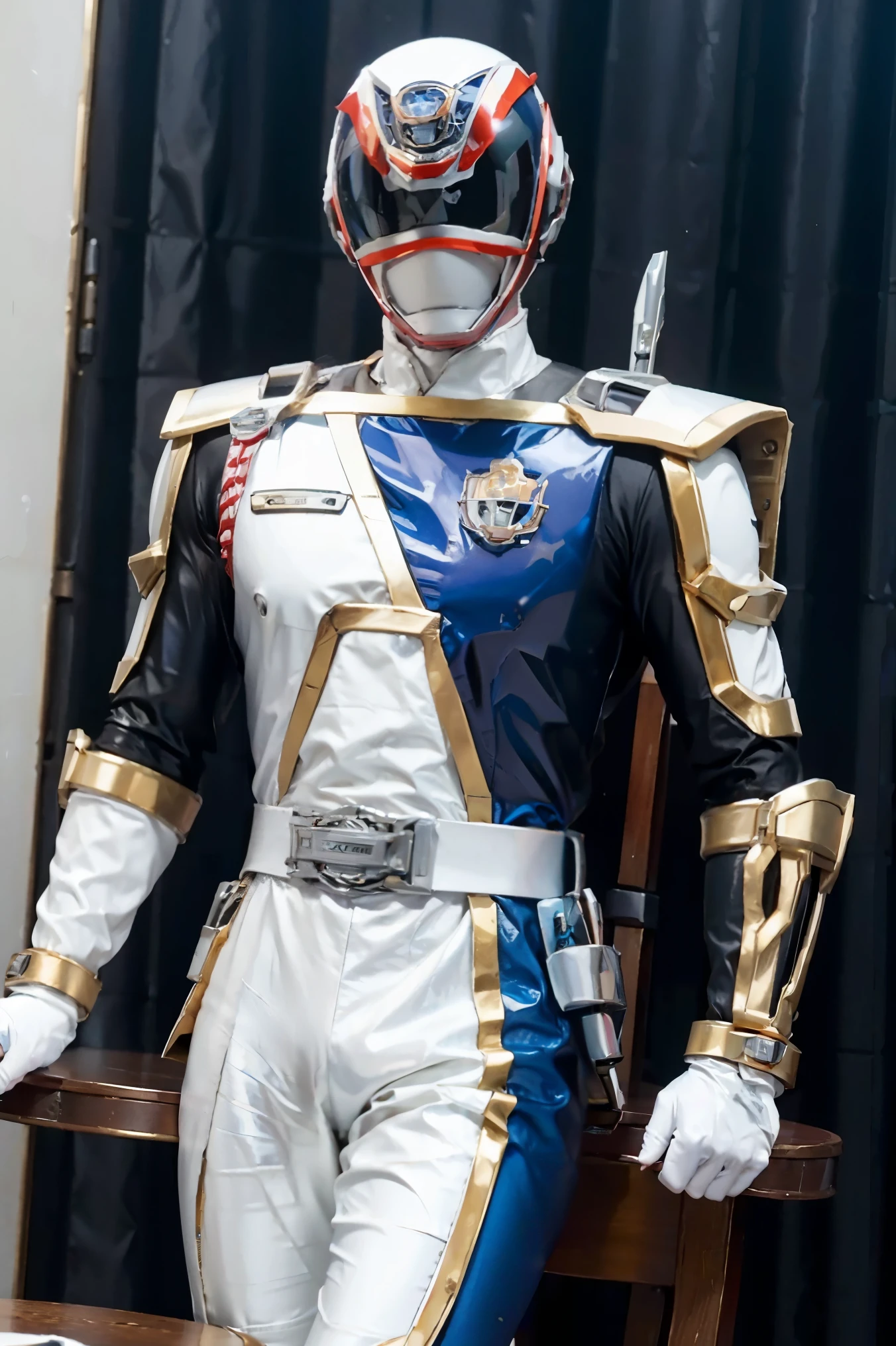 Fantasy background, cafe rpg style, empty chair, table, set of tea glass, (power rangers)), One guy、, ((white ranger suit)), red and blue chest armor with gold details, costume, Solo, ((fit figure)), (Anatomically correct), Cowboy shot, masked face, guns, muscular build