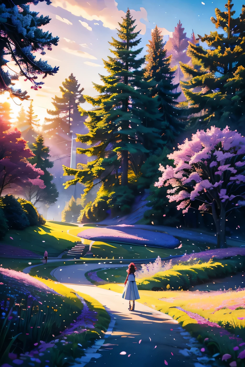 masterpiece, best quality, ultra-detailed, 1girl, detailed water, long hair, corkscrew curls, red hair, light grey eyes, (close-up), maple trees, everywhere mistletoe, gorgeous, maple and spruce trees, cherry, cherry tree, smile, view from front, wolf ears, snowy background, science fiction, multiple tails, Tall evergreens stand tall and proud, their branches weighed down by heavy snow, volumetric lighting AND masterpiece, best quality, high quality, extremely detailed CG unity 8k wallpaper A vibrant spring landscape, bursting with new life and color. Rolling hills are covered with a carpet of green, dotted with delicate wildflowers in shades of pink, purple, and yellow, volumetric lighting, silhouette of one boy and girl, walking in a road full of flowers