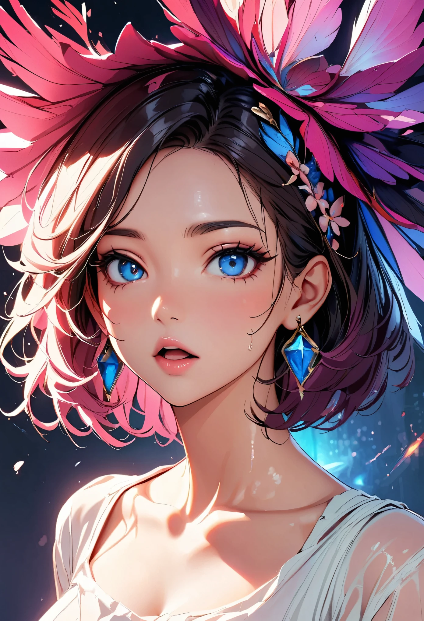 hot gaze, Hot, Rui々Beautiful lips, Glossy, Open Mouth, Leaking sigh, Ultra-high resolution, Accurate, Textured skin, Face Up Shot:1.2, Surrealism, The beauty and danger of growing from a girl to an adult, A symbol of miraculous beauty.