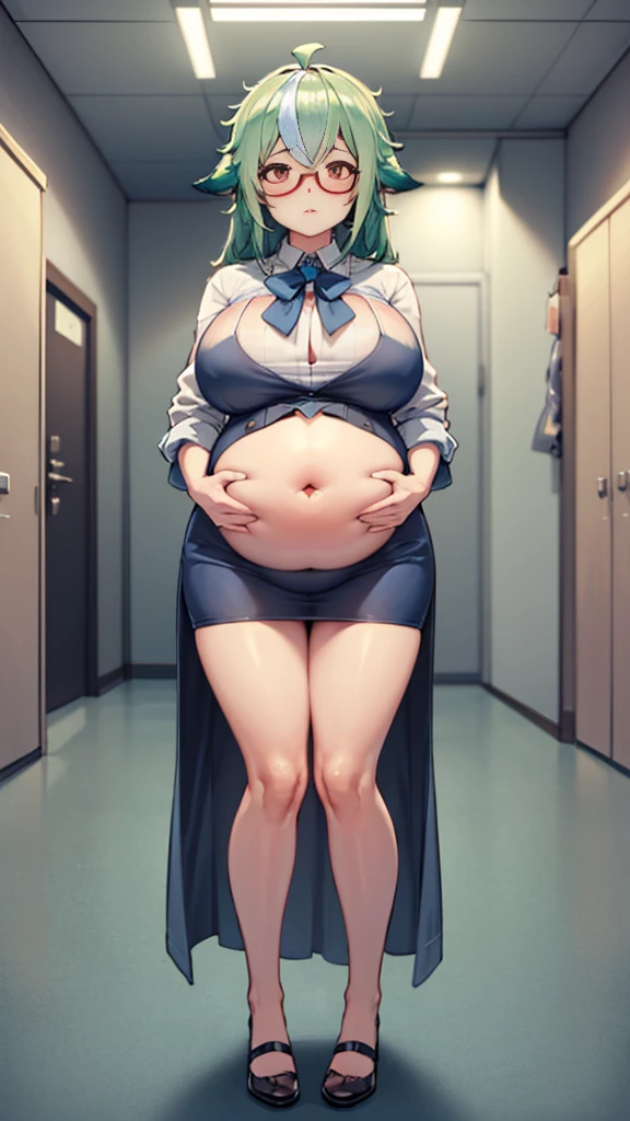 (Full body, glasses), An image of a pregnant girl with her belly on full display, huge breasts, office uniform