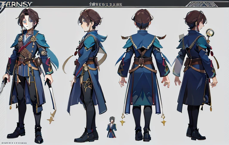 1 person, Reference Sheet, (Fantasy Character Design, front, return, ~ side) manly, magician, Wizard, Broad shoulders, expensive, Slender athletic body type. Magical blue eyes, Long dark brown hair, Well kept. Flowing Runic Robe.
