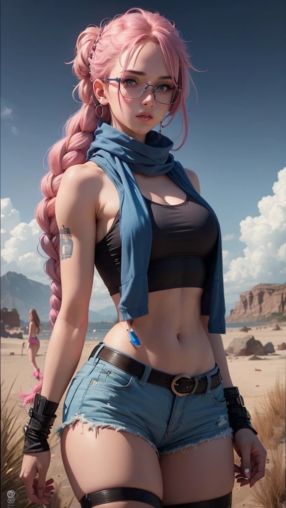 Two Beautiful girl , sexy slim fit body, braided pink hair , crop top gorgeous blue eyes , Pink lips , blushed cheeks , ripped stomach , glasses