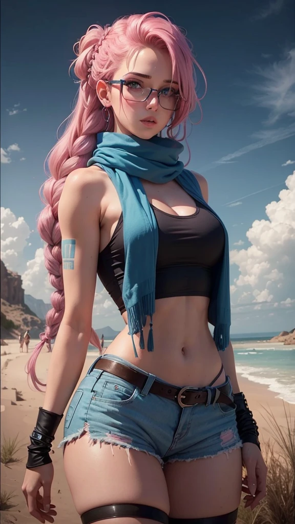 Two Beautiful girl , sexy slim fit body, braided pink hair , crop top gorgeous blue eyes , Pink lips , blushed cheeks , ripped stomach , glasses