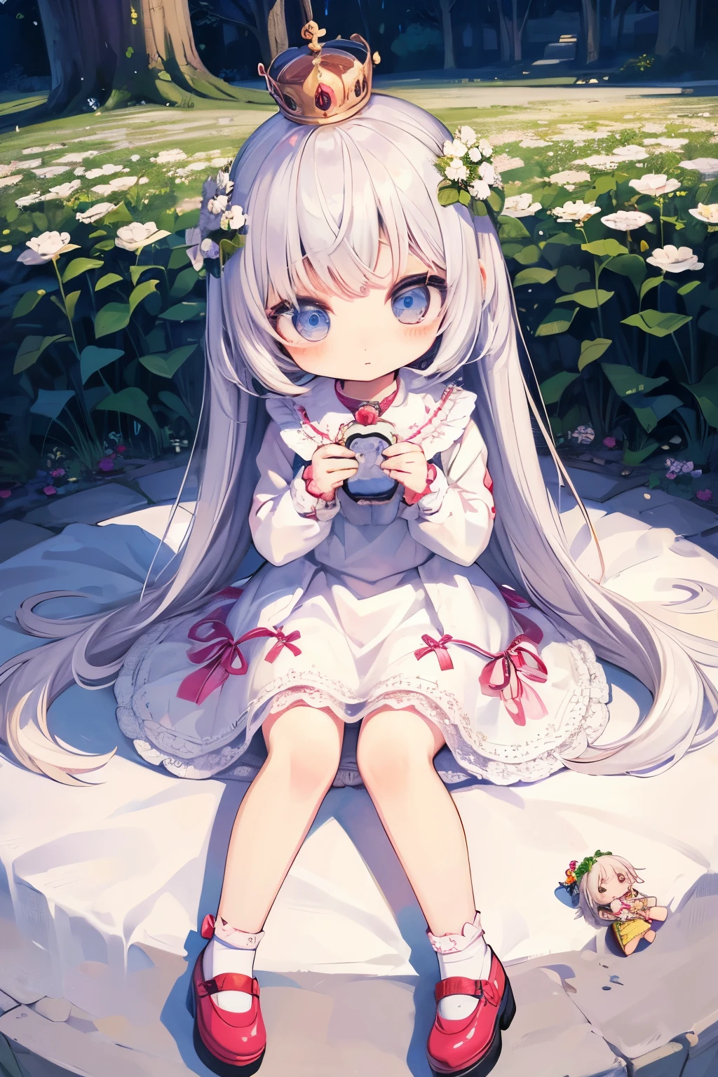 Photorealistic、Chibi Girl Doll(Wearing a crown woven from white clover flowers、Cute Shoes)