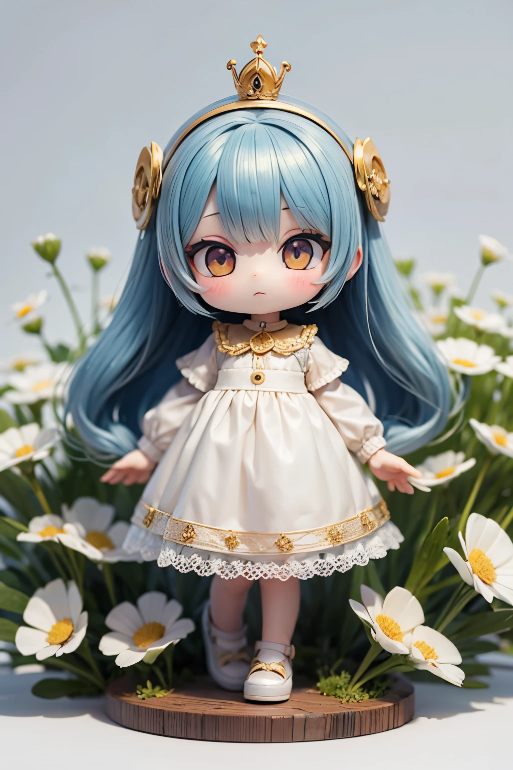 Photorealistic、Chibi Girl Doll(Wearing a crown woven from white clover flowers、Cute Shoes)