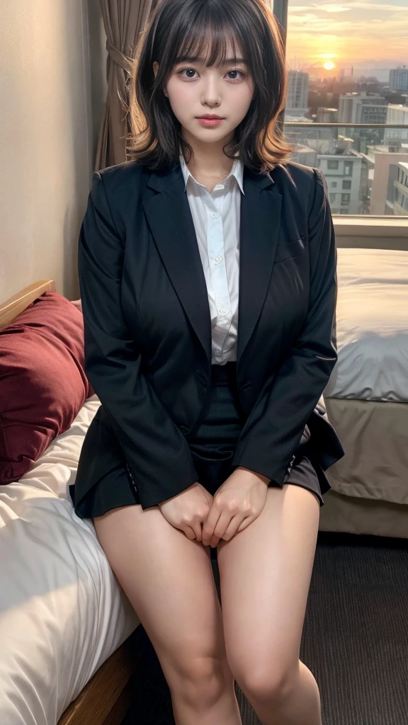 masterpiece, best quality, illustration, Super detailed, fine details, High resolution, 8K,wall paper, perfect dynamic composition,(Details High quality, realistic depiction of eyes:1.3), short hair, (wavy hair:1.2), Office Lady, ,Suit,Collared shirt, Black Suit,Black jacket, huge breasts,  swollen breasts, Don't expose it, black hair color, Big Natural Color Lip, (open legs:1.3), crying a little、20 year old girl、cute type、beautiful legs, hotel room, full body photo、focus on crotch, hposing Gravure Idol, Sexy shot looking at camera, Sunset, by the window, Summer, make up, Curve