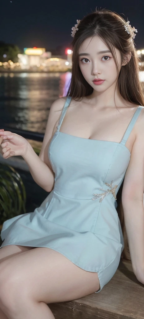 top-quality、masterpiece、ultra res、a beauty girl、night seaside、cute girl face、 dress、is wearing dress、full bodyesbian、Famous actresses of Japan、very beautiful face、A sexy