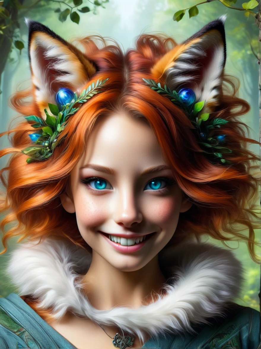 Create an intricate and highly detailed, ultra-high-definition masterpiece. It should be a photo-realistic and hyper-realistic, close-up portrait of a female furry fox's face, with blue eyes and green hair. In the portrait, the fox is looking at the camera with a smile, revealing her teeth. The setting for this portrait is a nondescript room lit by natural light. The perspective should be ultra wide-angle, making it feel as if the viewer is within the intimate space of the fox's environment, emulating the perspective of a GoPro Hero8 Black action camera.