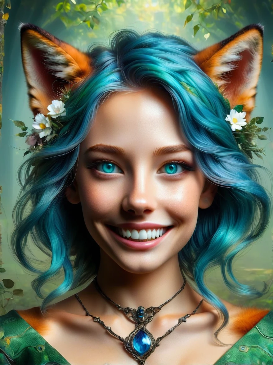 Create an intricate and highly detailed, ultra-high-definition masterpiece. It should be a photo-realistic and hyper-realistic, close-up portrait of a female furry fox's face, with blue eyes and green hair. In the portrait, the fox is looking at the camera with a smile, revealing her teeth. The setting for this portrait is a nondescript room lit by natural light. The perspective should be ultra wide-angle, making it feel as if the viewer is within the intimate space of the fox's environment, emulating the perspective of a GoPro Hero8 Black action camera.