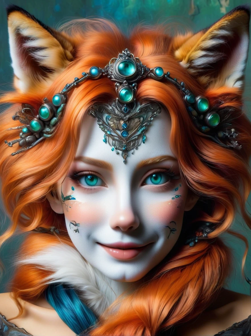 Create an intricate and highly detailed, ultra-high-definition masterpiece. It should be a photo-realistic and hyper-realistic, close-up portrait of a female furry fox's face, with blue eyes and green hair. In the portrait, the fox is looking at the camera with a smile, revealing her teeth. The setting for this portrait is a nondescript room lit by natural light. The perspective should be ultra wide-angle, making it feel as if the viewer is within the intimate space of the fox's environment, emulating the perspective of a GoPro Hero8 Black action camera.