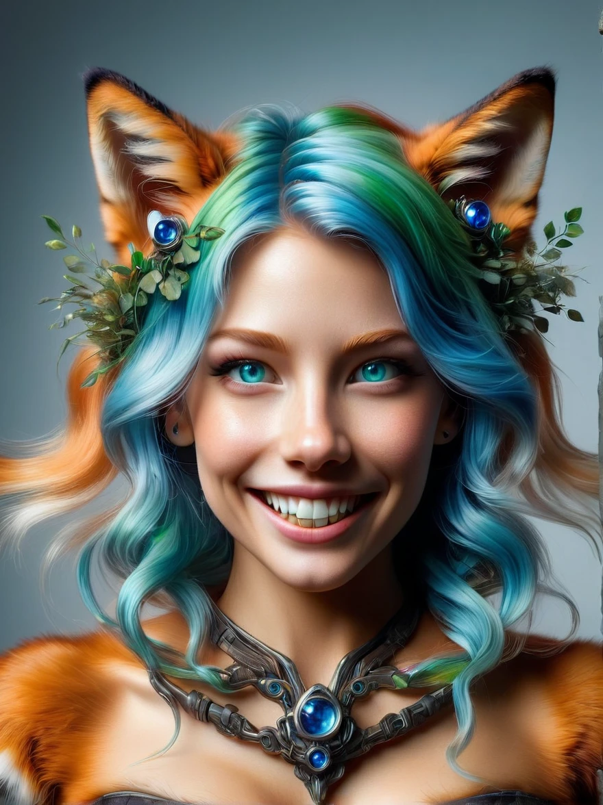 Create an intricate and highly detailed, ultra-high-definition masterpiece. It should be a photo-realistic and hyper-realistic, close-up portrait of a female furry fox's face, with blue eyes and green hair. In the portrait, the fox is looking at the camera with a smile, revealing her teeth. The setting for this portrait is a nondescript room lit by natural light. The perspective should be ultra wide-angle, making it feel as if the viewer is within the intimate space of the fox's environment, emulating the perspective of a GoPro Hero8 Black action camera.