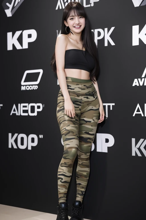 An Yujin in IVE group K-pop woman, very long hair, black hair, straight hair, flat bangs hair, sexy woman, military, smiling, single woman, large breasts, tight camouflage strapless tube top, tight camouflage short leggings, black shoes, sexy pose hot, barbershop man place