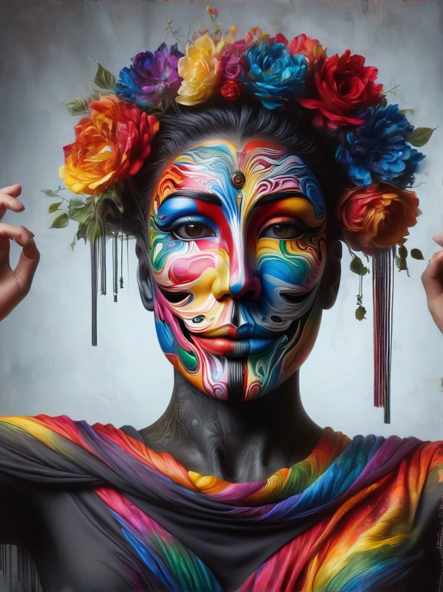 A vividly colored hyperrealistic portrait of an anonymous figure with a lively personality. The painting captures intricate details and textures that reflect the intensity of a true-to-life character. His features are brought to life with rich and bold colors. The piece is inspired by the precision and detail found in award-winning photography, specifically that taken with a Canon EOS R5 in a studio setting. Note that the subject of the portrait is not a public figure or celebrity, but rather a representation of an engaging character.