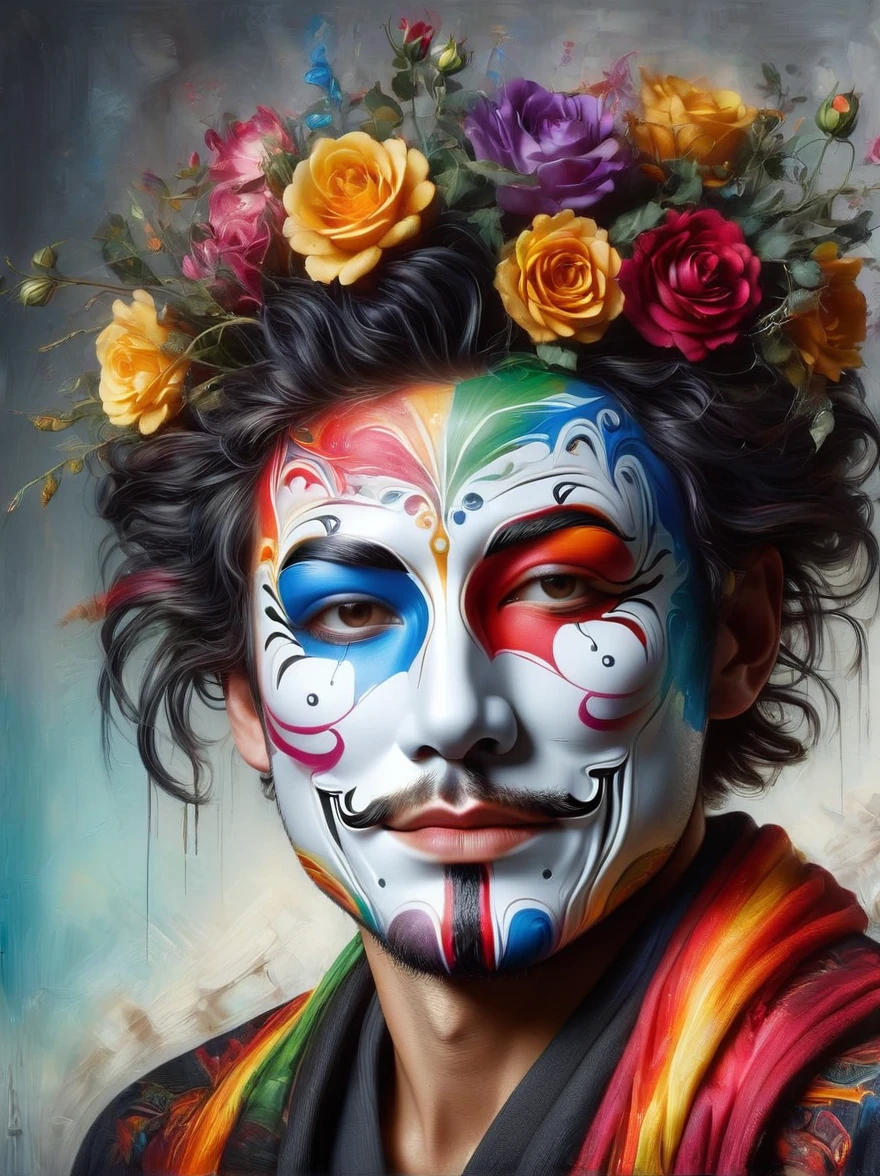 A vividly colored hyperrealistic portrait of an anonymous figure with a lively personality. The painting captures intricate details and textures that reflect the intensity of a true-to-life character. His features are brought to life with rich and bold colors. The piece is inspired by the precision and detail found in award-winning photography, specifically that taken with a Canon EOS R5 in a studio setting. Note that the subject of the portrait is not a public figure or celebrity, but rather a representation of an engaging character.