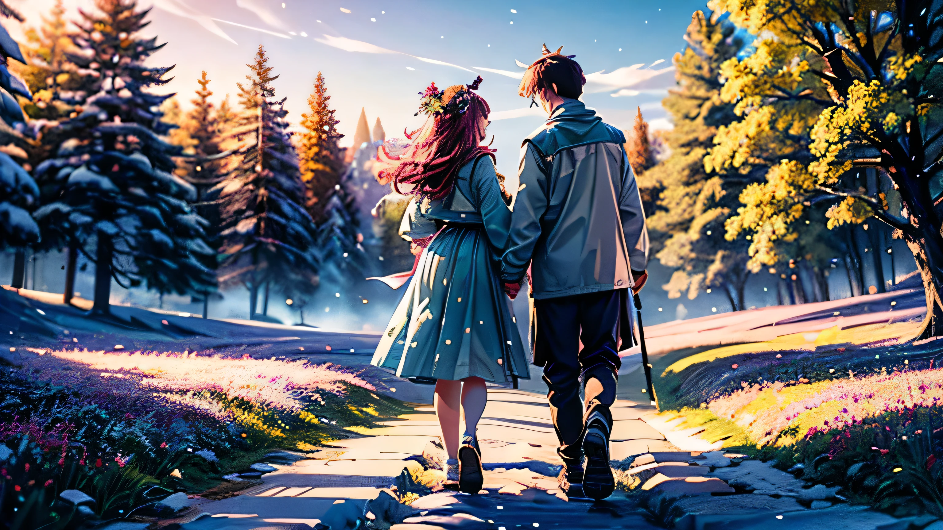 masterpiece, best quality, ultra-detailed, 1girl, detailed water, long hair, corkscrew curls, red hair, light grey eyes, (close-up), maple trees, everywhere mistletoe, gorgeous, maple and spruce trees, cherry, cherry tree, smile, view from front, wolf ears, snowy background, science fiction, multiple tails, Tall evergreens stand tall and proud, their branches weighed down by heavy snow, volumetric lighting AND masterpiece, best quality, high quality, extremely detailed CG unity 8k wallpaper A vibrant spring landscape, bursting with new life and color. Rolling hills are covered with a carpet of green, dotted with delicate wildflowers in shades of pink, purple, and yellow, volumetric lighting, silhouette of one boy and girl, walking in a road full of flowers