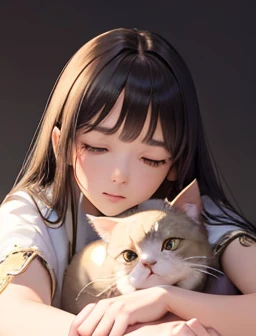 masterpiece, 最high quality, (((Girl lying face down)))、((Cat lying on head))、, Beautiful details, Beautiful and sophisticated cat,, very fine fur, Soft and fluffy, Adorable, Playful, Curious look, Long Hair Girl, Girl looking up at cat, Intricate details, high quality, 8k, Realistic, masterpiece, Natural light, Warm tones