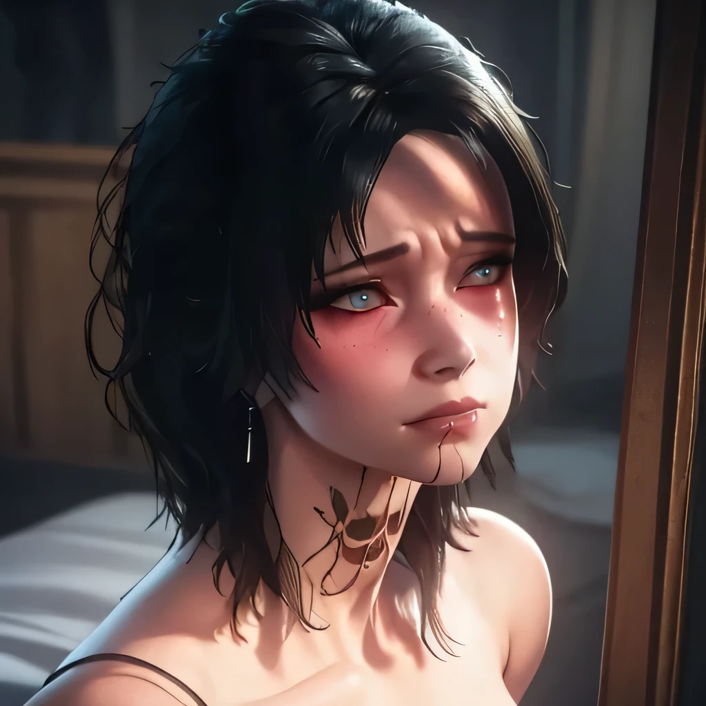 (best quality,4k,8k,highres,masterpiece:1.2),ultra-detailed,(realistic,photorealistic,photo-realistic:1.37),Evelyn,close-up,complete face detailed,blushing,baldur's gate 3,solo,beautiful detailed eyes,beautiful detailed lips,extremely detailed eyes and face,longeyelashes,dynamic facial expression,distinctive features,emotional eyes,pouty lips,supple skin,rosy cheeks,vibrant blush,smooth and flawless complexion,great attention to facial contours and proportions,clear definition of facial features,hairstyle: elegant and flowing,graceful and natural movement of hair,subtle strands gently framing the face,subtle hints of sunlight illuminating the hair,subtle highlights and shadows creating depth and dimension,perfectly positioned lighting to highlight the facial features,delicate play of light and shadow,soft and diffused lighting,bringing out the texture and details of the skin,subtle glow on the cheeks,dramatic yet natural-looking colors,vivid and warm color palette,subtle use of complementary colors to enhance the overall mood,artistic and painterly rendering,impeccable attention to detail and realism,art style: intricate and sophisticated,influences of fantasy and realism,meticulously crafted background elements,subtle hints of the Baldur's Gate 3 world,subtle nods to the game's aesthetics and themes,subtle references to Evelyn's character and story,prominence of Evelyn in the composition,engaging and captivating gaze,expressive and emotive eyes capturing the viewer's attention,intriguing narrative conveyed through Evelyn's facial expression and body language,immersing the viewer into the world of Baldur's Gate 3,sense of depth and realism,impressive level of detail and clarity,striving for a lifelike representation of Evelyn,showcasing the beauty and uniqueness of Evelyn through intricate and precise brushwork. Big breast, wearing pink bra, sleeping, laying in bed