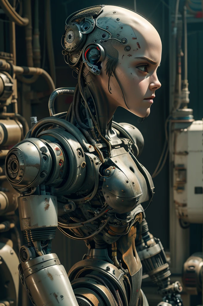 Emma Watson, bald, cyborg, loose wires, integrated weapons, hoses, exposed torso, androidperson, mark brooks, david mann, robot brain, made of steel, hyperrealism, post-apocalyptic, reelmech, mechanical parts, joints, mecha,  j_sci-fi