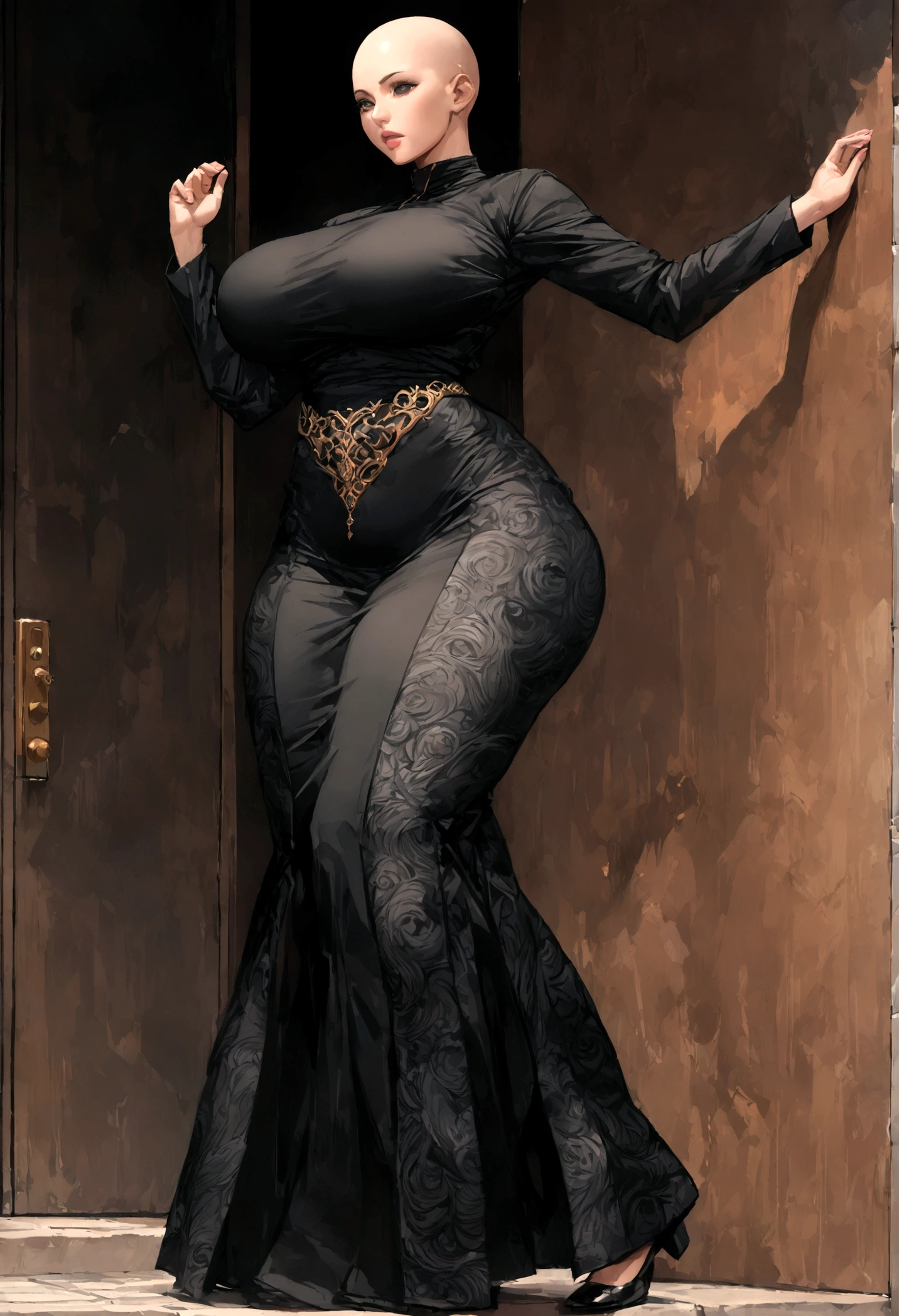 digital art, highly detailed, standing pose, mature, adult, bald head, voluptuous figure, whole body is completely covered, woman, form-fitting, curvy figure, big breasts, african abaya dress, long sleeves, long skirt, flat shoes, 1woman, solo, upper body, lower body, ((Extremely Detailed)), ((Best Quality)), ((Masterpiece)), ((4k)),