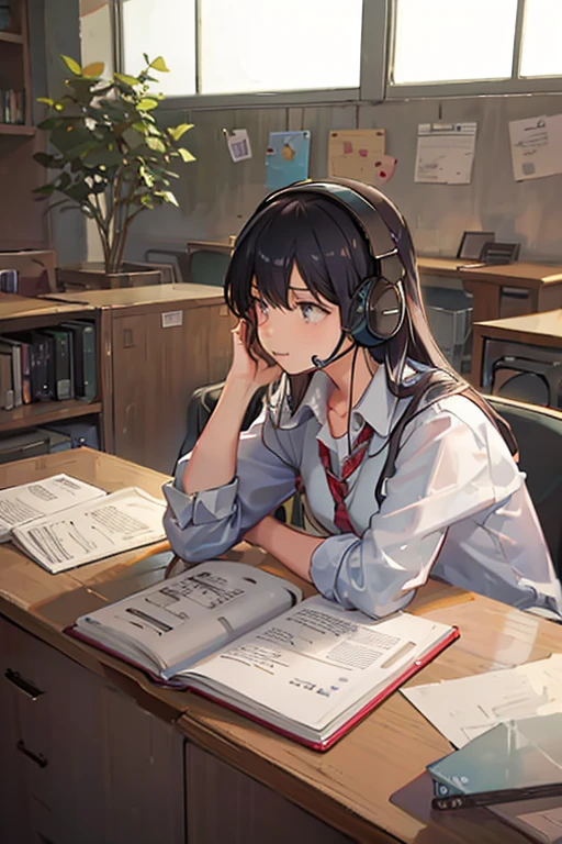 Female student studying at desk wearing headset and briefly looking out the window