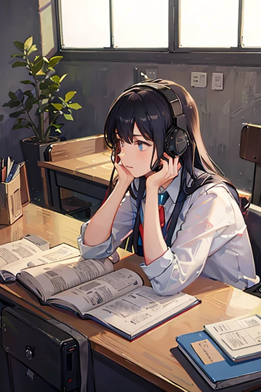 Female student studying at desk wearing headset and briefly looking out the window