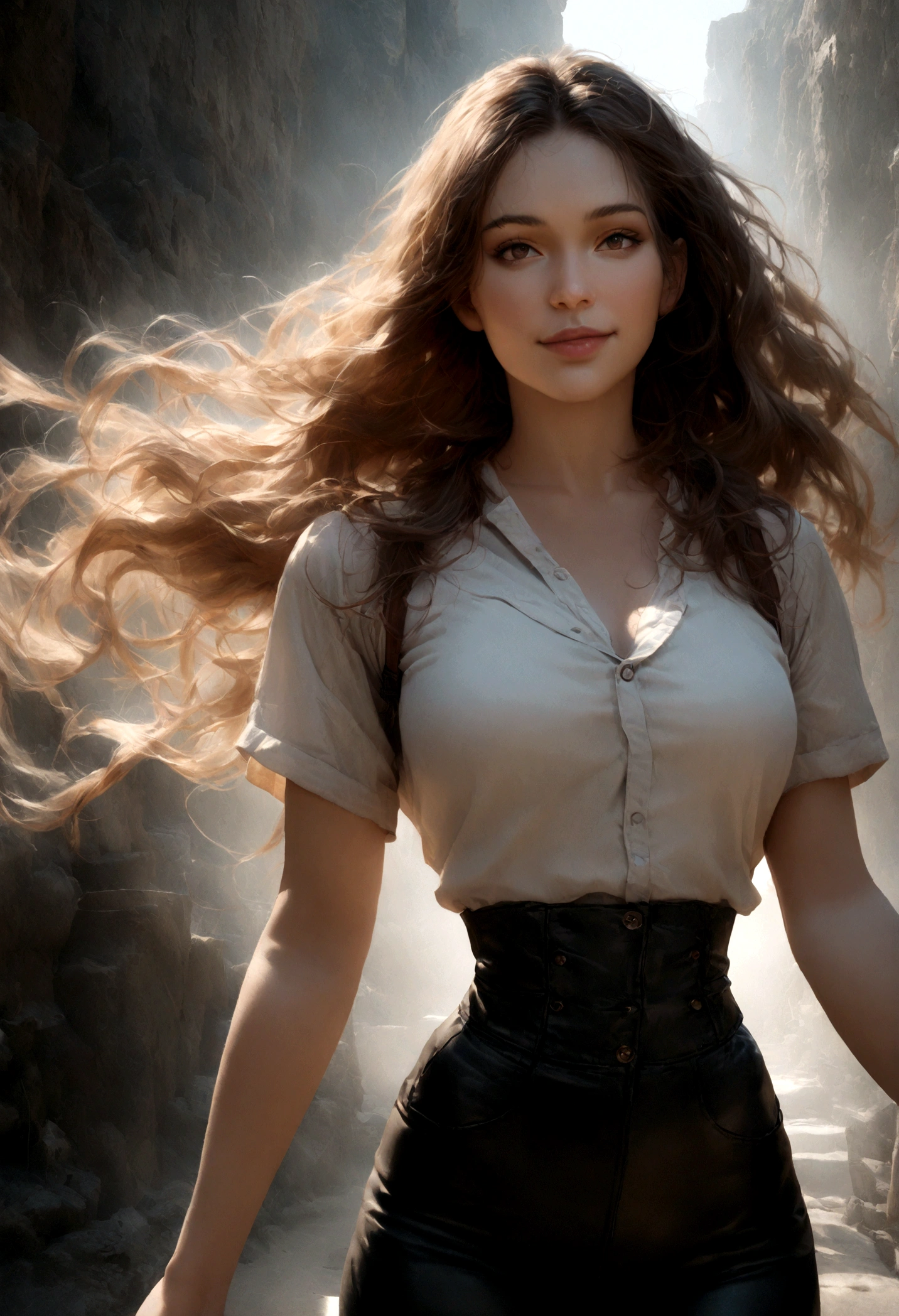 (8k, RAW photo, best quality, masterpiece:1.2), (realistic, photo-realistic:1.37), ultra-detailed, ultra high res,1 girl,looking at viewer,beautiful detailed face,smile,narrow,(slim waist:1.3),shirt, beautiful detailed skin, skin texture, floating hair,professional lighting,