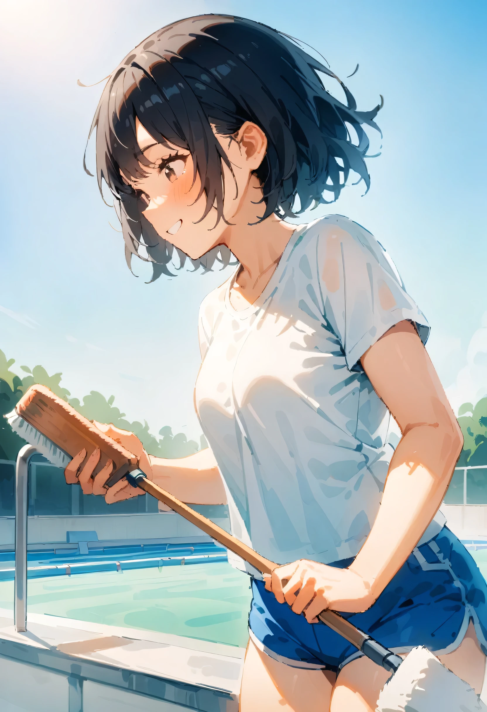 masterpiece, best quality, very aesthetic, absurdres, newest, 1girl, solo, , black hair, short hair, short, brown eyes, looking down, happy, white T-shirt, shorts, holding a deck brush, cleaning, school pool, clear sky, early summer, warm