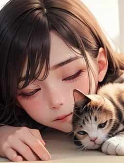 masterpiece, 最high quality, (((Girl lying face down)))、((Cat lying on head))、, Beautiful details, Beautiful and sophisticated cat,, very fine fur, Soft and fluffy, Adorable, Playful, Curious look, Long Hair Girl, Girl looking up at cat, Intricate details, high quality, 8k, Realistic, masterpiece, Natural light, Warm tones