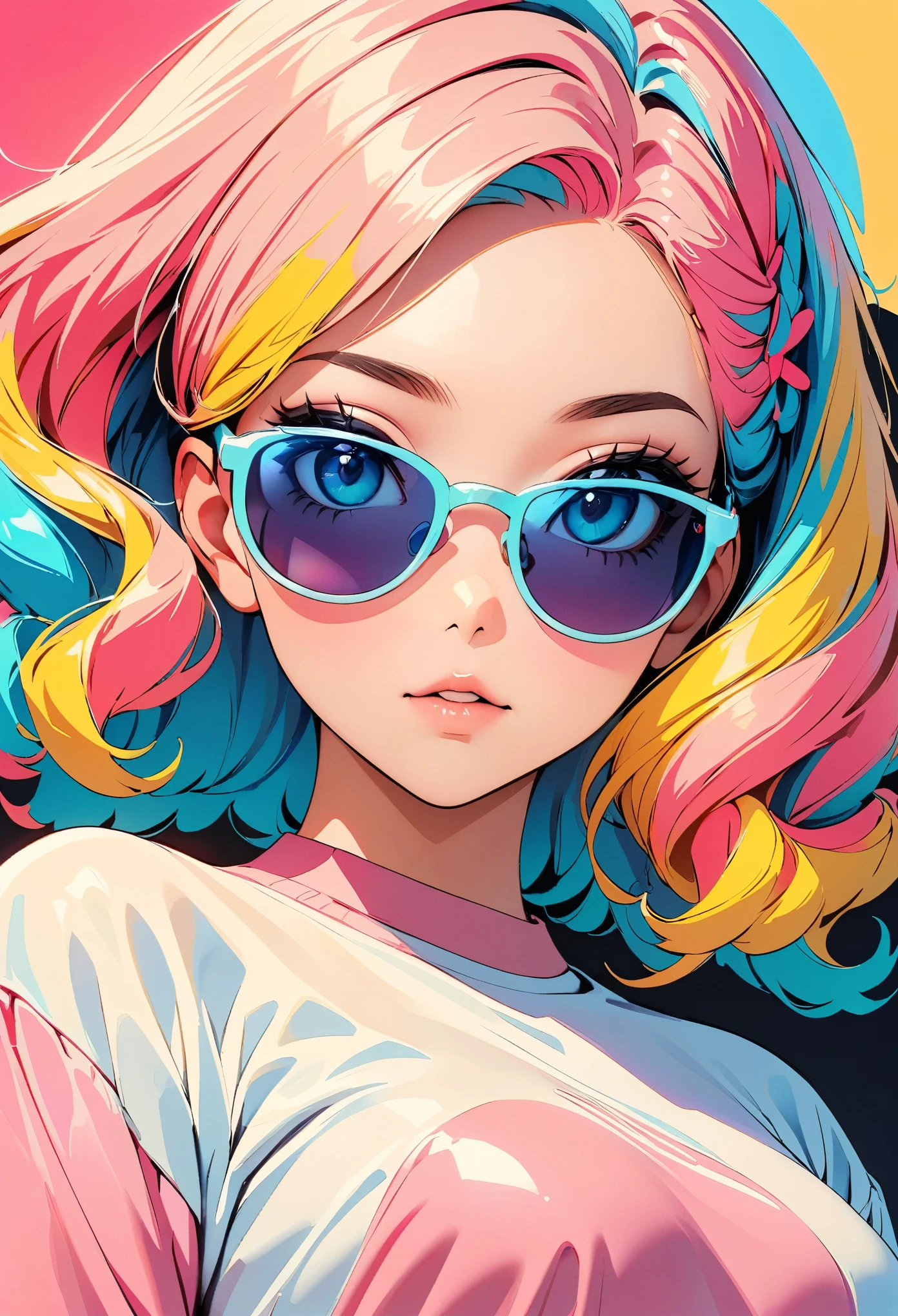 (highest quality:1.2, City Pop Style, Very detailed, Latest, Vibrant, High Contrast, masterpiece:1.2, highest quality, Best aesthetics), girl, ((Face Up Shot:1.4)), Colorful Hair, Bobcut, pastel colour, 1980s style, ((Retro, Vintage, Single color background)), (sunglasses).