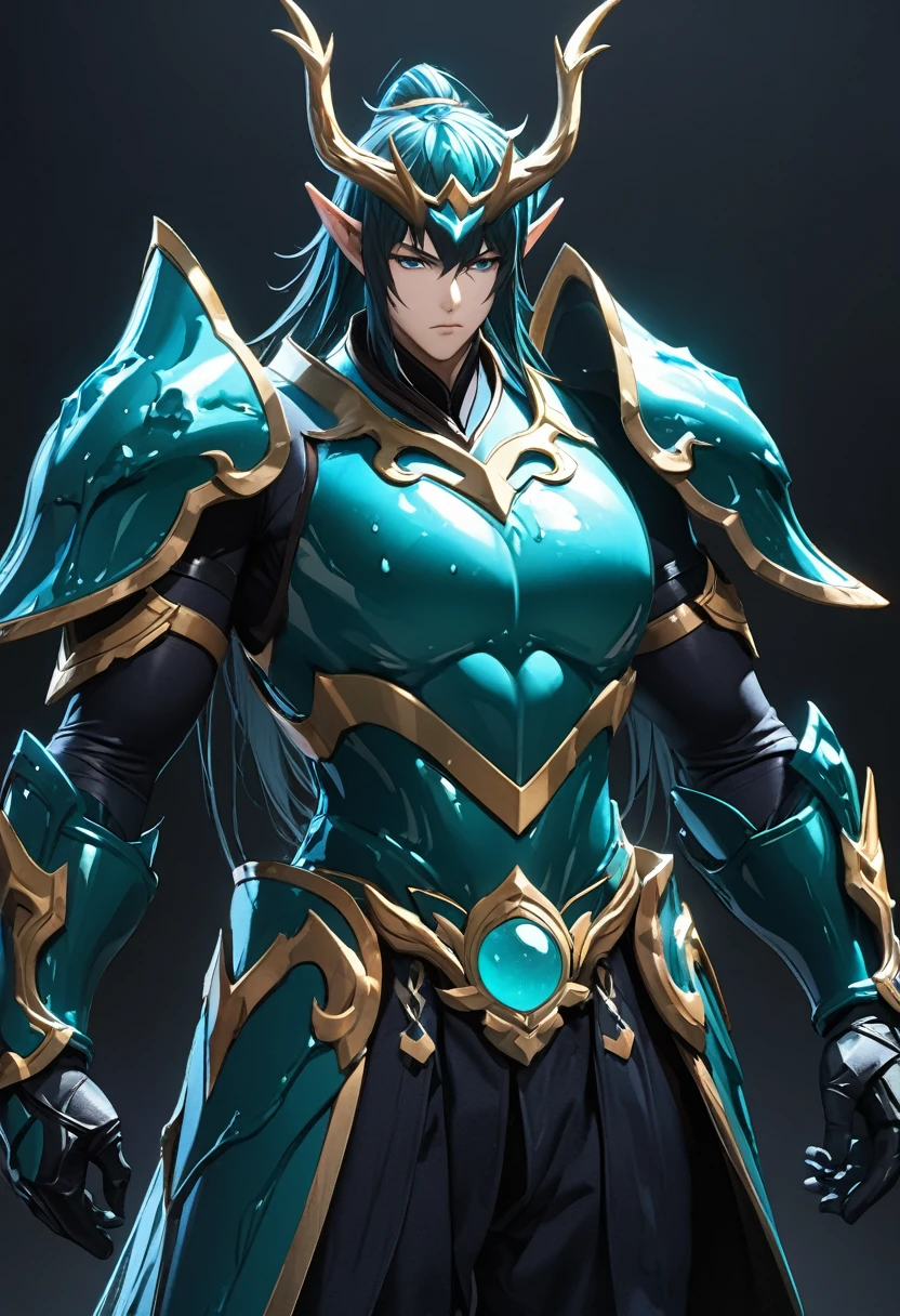 masterpiece, high resolution, ultra detailed, 8K, midnight, Dan Heng Imbibitor Lunae, alternate damaged liquid armor, simple background, HDR