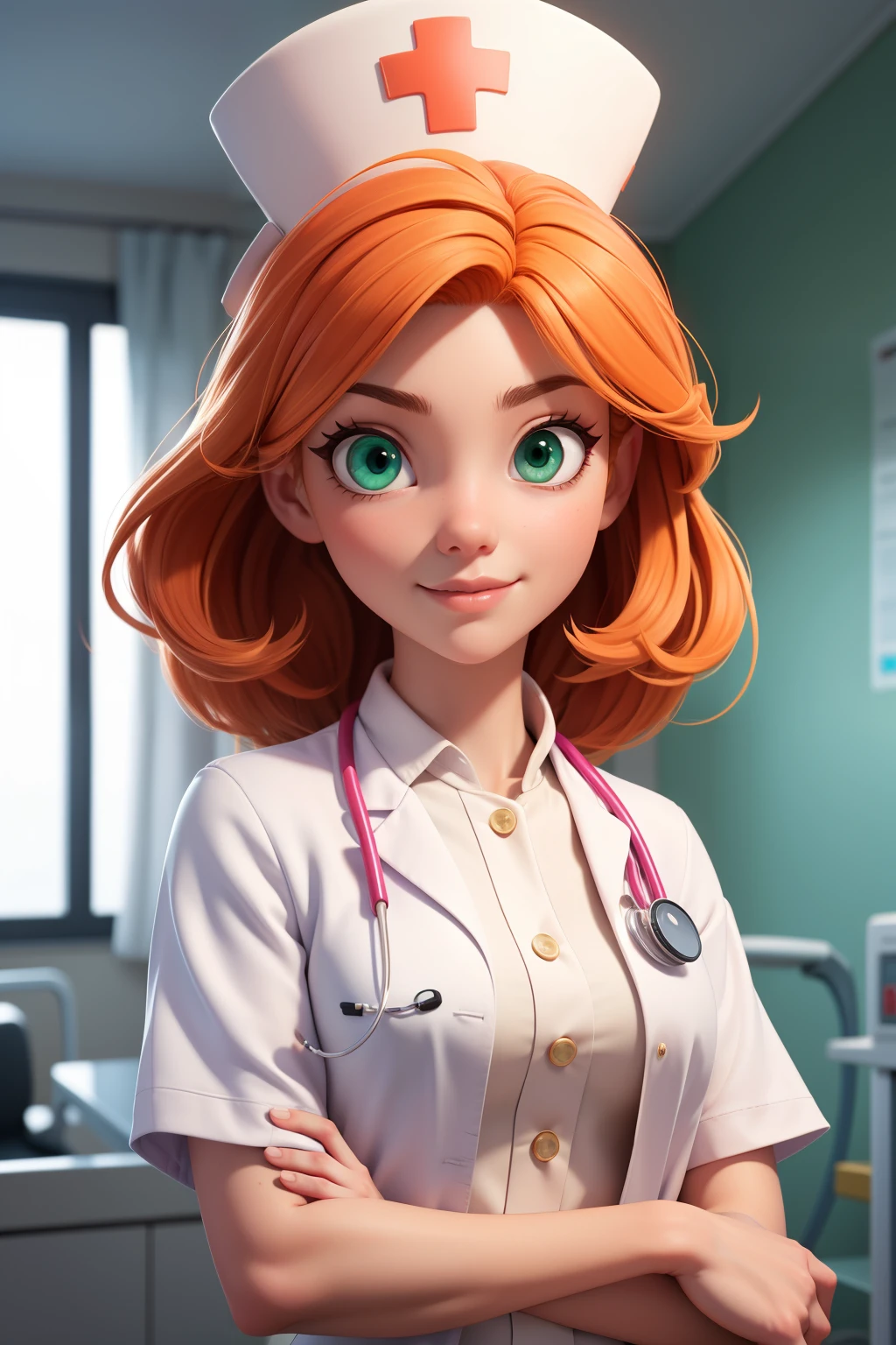 woman wearing white doctor costume，Hospital scene，The website is very clean，rejoice，Perfect quality，Be focused（Chaos - Hospital：0.8）， （masterpiece：1.2） （realistically：1.2） （Best quality）Orange Hair，Green eyes，Nurse hat （Delicate skin：1.3） （intricate details） （8K） （Delicate eyes） （Clear focus）,（having fun）