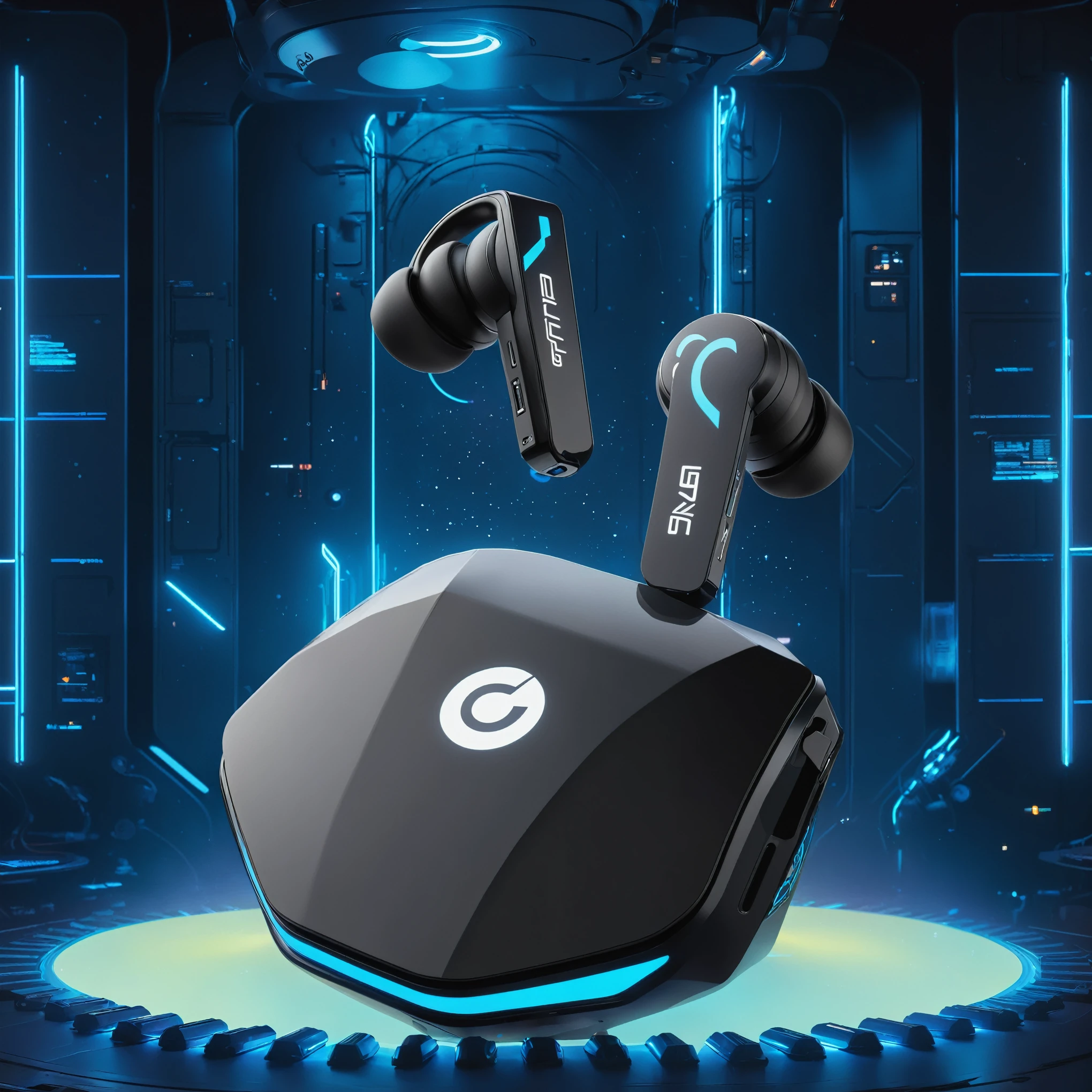 Original photo of C7b3rp0nkStyle headphones, Cyberpunk style, Reality, (masterpiece:1.3) (best quality:1.2) (high quality:1.1)render of futuristic earbuds with 'G' logo, floating on a dark blue platform in a sleek space station, neon