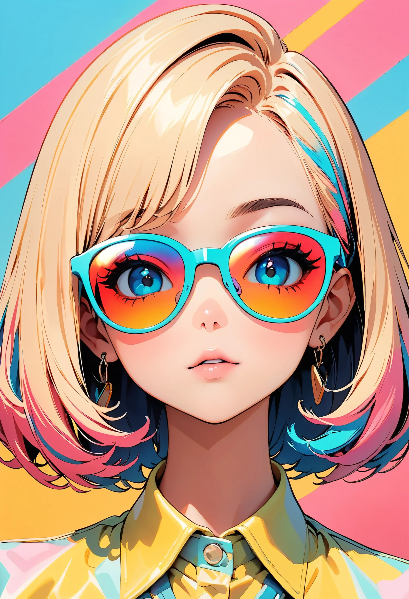 (highest quality:1.2, City Pop Style, Very detailed, Latest, Vibrant, High Contrast, masterpiece:1.2, highest quality, Best aesthetics), girl, ((Face Up Shot:1.4)), Colorful Hair, Bobcut, pastel colour, 1980s style, ((Retro, Vintage, Single color background)), (sunglasses).