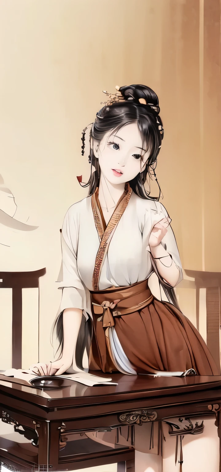 ((Chinese traditional ink image, hanfu)), drooping eyes, ((spread legs, showing off her thighs and groin)), (((standing and straddling to hit her crotch against the table corner for masturbation, orgasm face, open mouth))), 