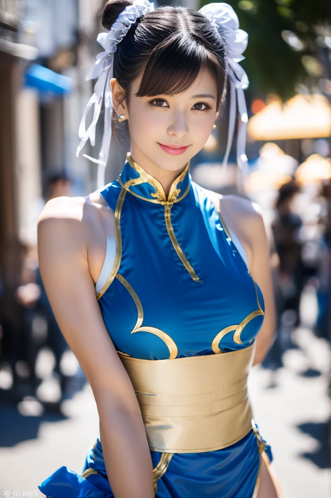 Chun-Li from Street Fight II,The perfect Chun-Li costume,Blue Chinese dress with gold lines,Bun Head,Good cover,Fighting Pose,masterpiece、1 beautiful girl、Fine Eyes、Puffy eyes、highest quality, 超High resolution, (reality: 1.4), Cinema Lighting、Japanese、Asian Beauty、Korean、so beautiful、Beautiful Skin、Body facing forward、Face close-up、(超reality的な)、(High resolution)、(8k)、(Very detailed)、(美しくFine Eyes)、(Very detailed)、 (wall-)、Detailed face、Bright lighting、Professional Lighting、Looking at the audience、Look straight ahead、Diagonal bangs、Nogizaka Idol、Korean Idol、masterpiece, highest quality, masterpiece, highest quality, Perfect Face, Perfect brown eyes with white sclera, Bad move -5, alone, 1 girl, Upper Body, Brown Hair, From SF2, Chinese Language Services, smile, Muscular woman, Blue clothes, pantyhose, Pelvic Curtain, Puff short sleeves, Good cover, sash, evaluation:safety