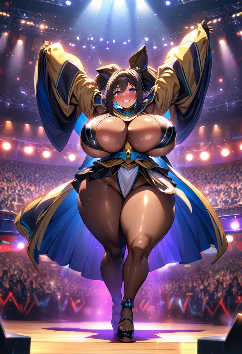 Kirito black egyptian clothing brown skin, purple eyes, blushing smile, standing alone on the stage, Super huge big breasts breast enlargement breasts pumped up full-body shot looking at the audience illustration, ultra-detailed, HDR, vibrant colors, soft lighting