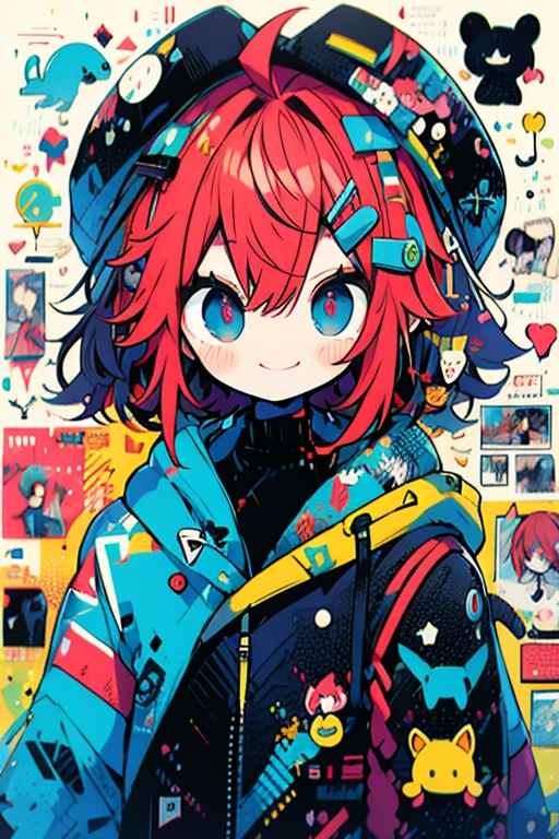 1 little boy, Permed short hair with outward curls, Asymmetrical Hair, Ahoge, Big turquoise eyes, anime, Red Hair, White background, smile, Fashionable hats, rock、Comes with decorative accessories such as hair clips. Modern Harajuku fashion style