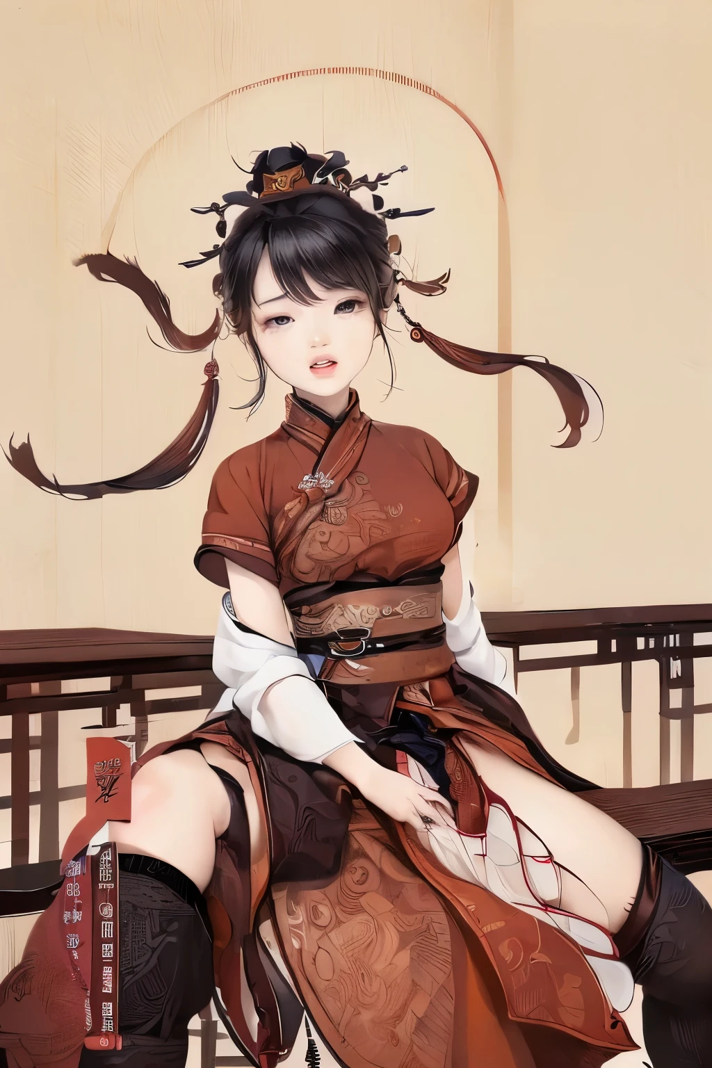 ((Chinese traditional ink image, hanfu)), drooping eyes, ((spread legs, showing off her thighs and groin)), (((standing and straddling to hit her crotch against the table corner for masturbation, orgasm face, open mouth))), 