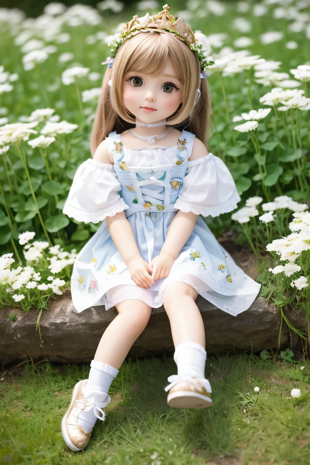 Photorealistic、Chibi Girl Doll(Wearing a crown woven from white clover flowers、Cute Shoes)