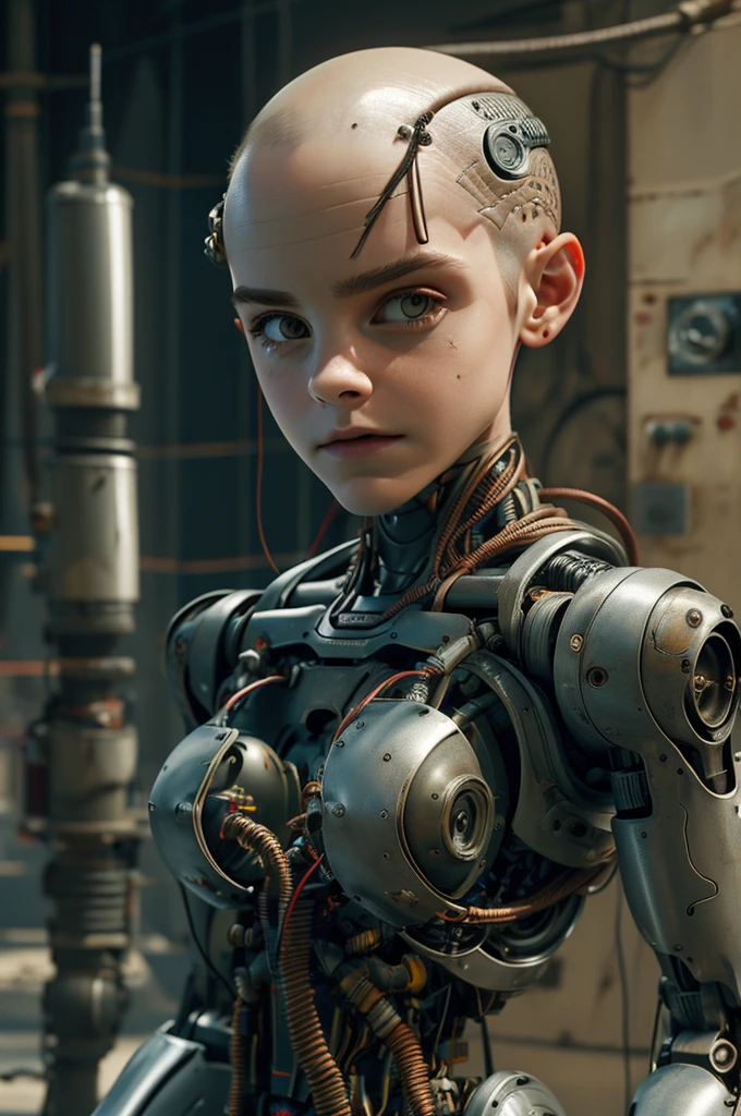 A bald cyborg Emma Watson, with loose wires, integrated weapons, rifle, hoses, exposed torso, androidperson, mark brooks, david mann, robot brain, made of steel, hyperrealism, post-apocalyptic, reelmech, mechanical parts, joints, mecha, j_sci-fi
