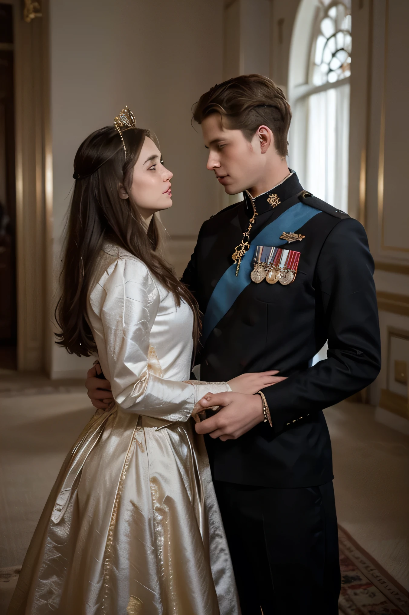 - A royal palace in the background with the silhouettes of the crown prince and the noble girl facing each other.
- Elements like a crown, a broken chain, and intertwined hearts to symbolize the central conflict and romance.
- A color palette that evokes the grandeur of royalty (rich blues, golds, and reds).