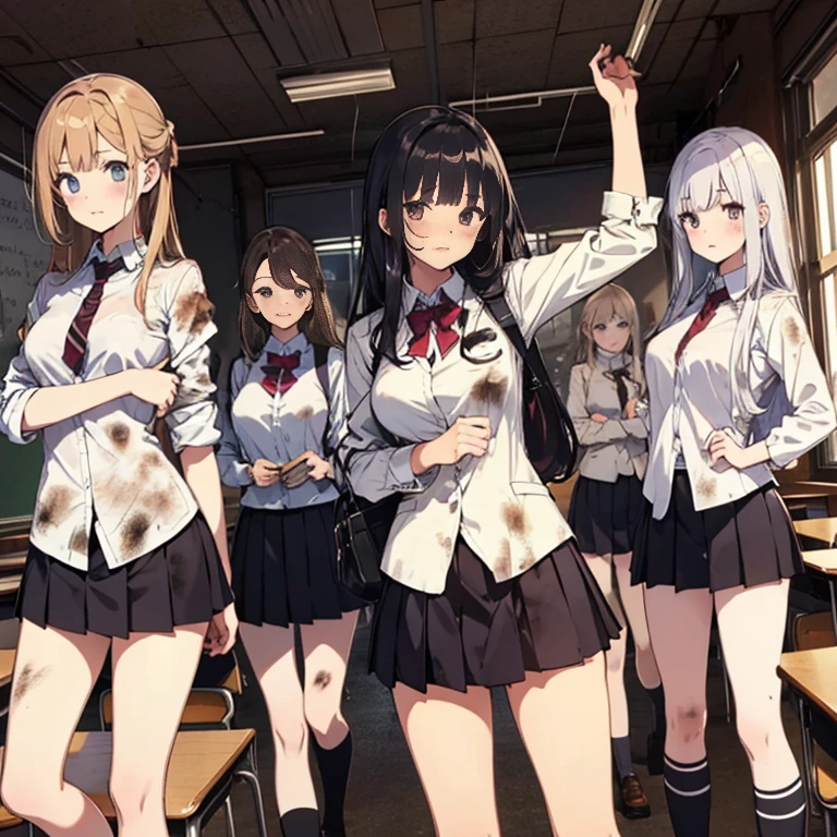 A group of  female students, (in classroom), various hair styles, harem, post apocalyptic, details face, short skirt, seducing, school uniforms, dirty body, shattered glass, torn clothing 