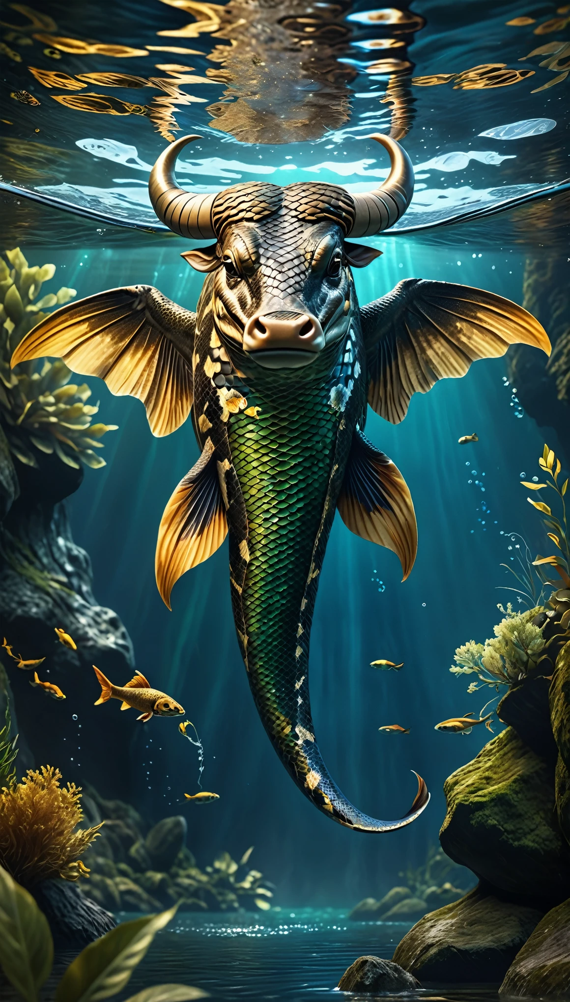 a mythical creature,a creature with the head of a bull,the body of a fish,the tail of a snake,wings on its back,swimming in a river,(best quality,4k,8k,highres,masterpiece:1.2),ultra-detailed,(realistic,photorealistic,photo-realistic:1.37),highly detailed animal,intricate patterns,dramatic lighting,fantasy creature composition