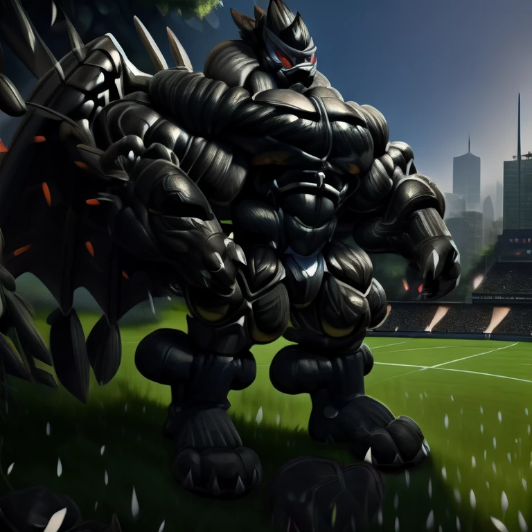 8K, cinderace, red eyes, (posing:1.3), (soft shading), detailed hands, ((detailed face, (detailed eyes:1.0), detailed)), 
soccer field, grass, MONSTER ball, stadium, (masterpiece, best quality, detailed:1.2) detailed full body, 8K, muscular! Commission for High Res, unusually developed muscular body, 
body full of huge muscles. pectorales enormes. 
Exaggeratedly huge muscles. 
Gigachad Muscular, 
Masterpiece, highres, wearing crNanosuit,crNanosuit, strong and imposing, Spread wings, It has wings. have big wings. in a night city, futuristic city, nj5furry, The claws are sharp, Sharp teeth, long legs, black wings, black visor, black ARMOR,