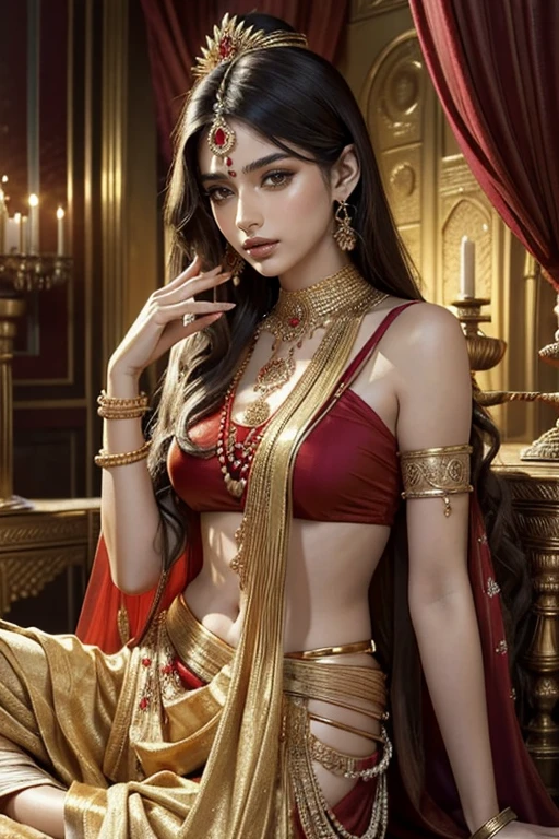 (masterpiece, top quality, best quality, official art, beautiful and aesthetic:1.2), (1girl), extreme detailed,(abstract, fractal art:1.3), an extremely beautiful indian hindu princess(detailed face) in red gold plated saree sitting with an ancient indian handsome hindu King who is wearing a white gold plated dhoti, bare upper body with ancient indian male jewelry 