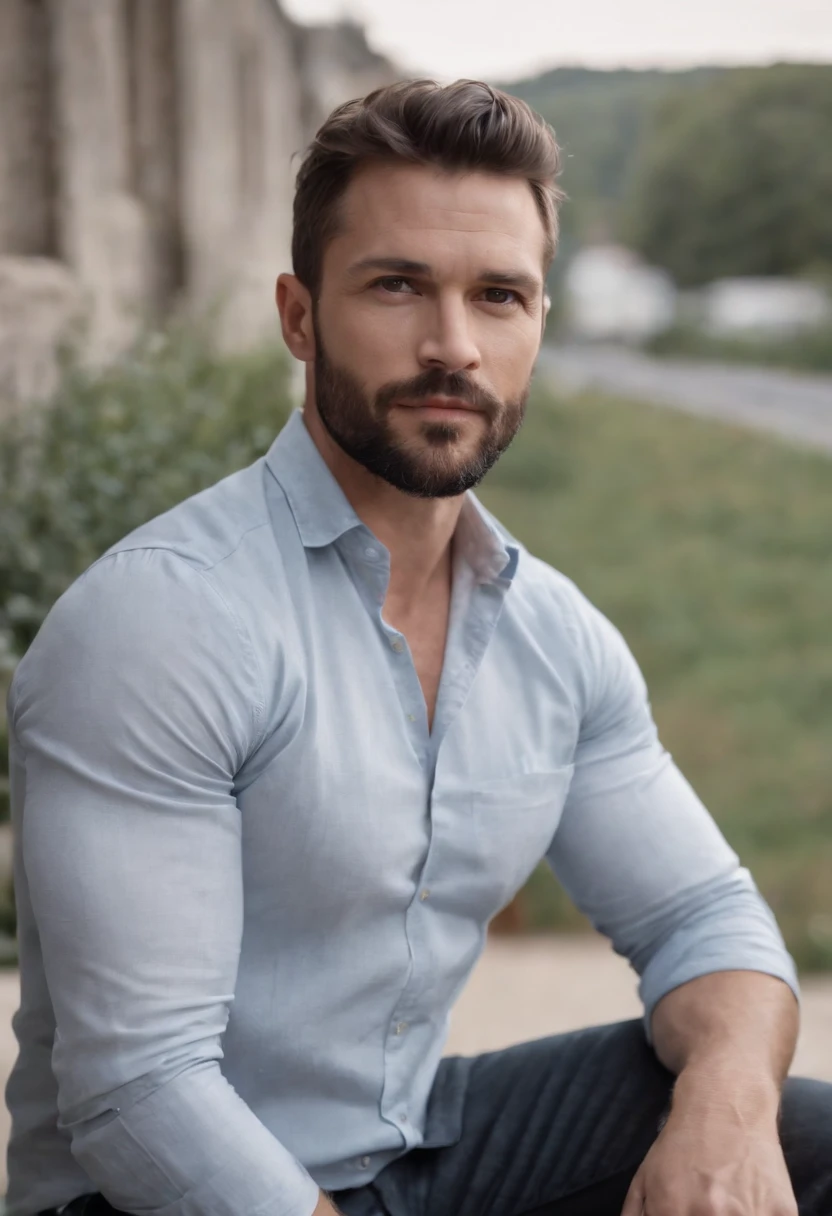 very handsome athletic man of 35 years old, avec des cheveux bruns courts et une barbe de 3 jours, chemise ouverte