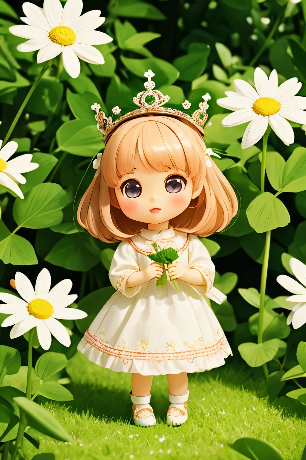 Photorealistic、Chibi Girl Doll（Wearing a crown woven from white clover flowers、Cute Shoes）